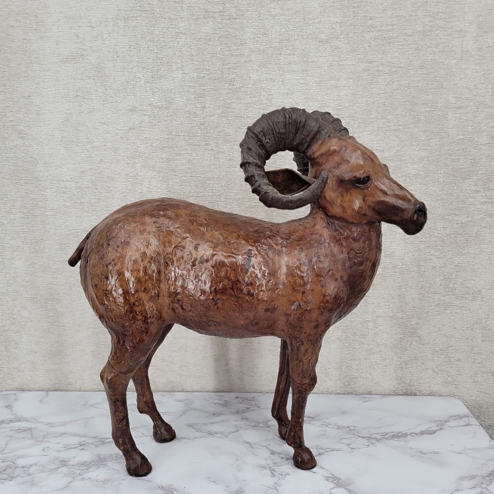 Vintage Tooled Leather Ram Sculpture Folk Art Perfect for your Cabin Lodge Ranch